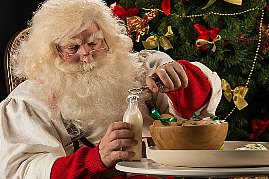 圣诞老人,吃,饼干,牛奶,坐,靠近,圣诞树,打开,奶瓶