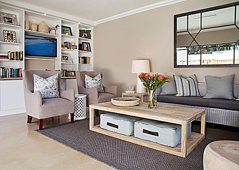 舒适,客厅,白色,合适,架子,米色,扶手椅,藤条,沙发,地面,垫子,茶几