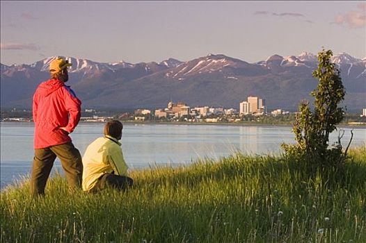 父亲,儿子,风景,天际线,库克海峡,夏天,晚间