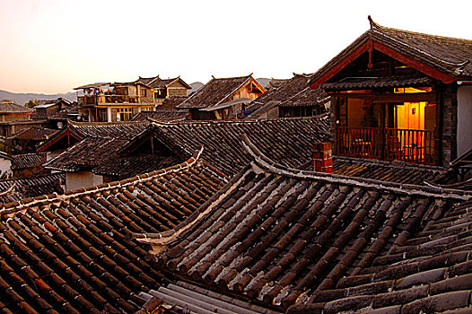 传统,纳西,房子,日落,丽江,老城,云南,中国,十一月,2006年