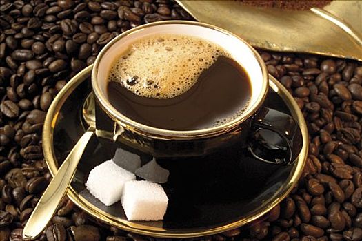 咖啡,黑色,杯子,方糖,床,咖啡豆