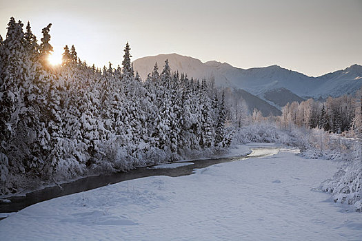 冬季风景,积雪,云杉,楚加奇山,冰河,溪流,前景,靠近,阿拉斯加