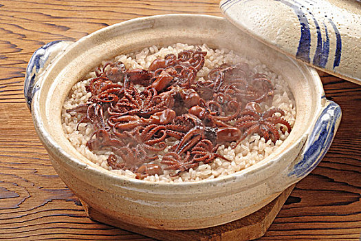 米饭,章鱼,陶器,锅,日本