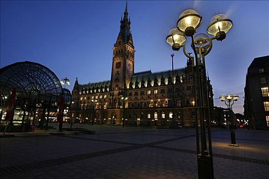黃昏,市政厅,汉堡市,德国