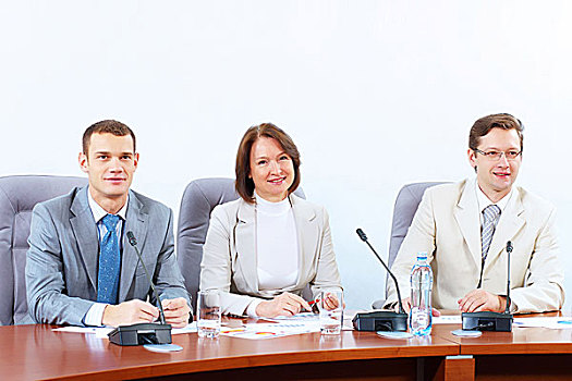 图像,三个,商务人士,坐,桌子,会议