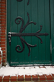 近摄,铁工作,铰链,绿色的门,教会在冬天,阿姆鲁姆岛,德国