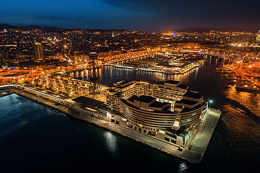 巴塞罗那,海岸,码头,航拍,夜晚,西班牙