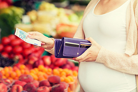 孕妇,皮夹,买,食物,市场