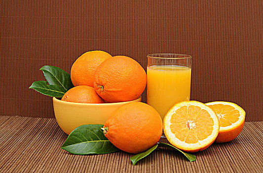 玻璃杯,橙汁,旁侧,橘子,碗