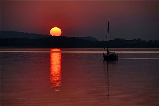 日落,帆船,上方,基姆湖
