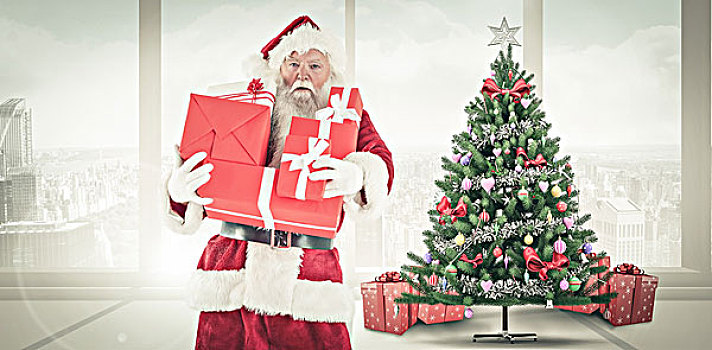 合成效果,图像,圣诞老人,礼物,家,圣诞树