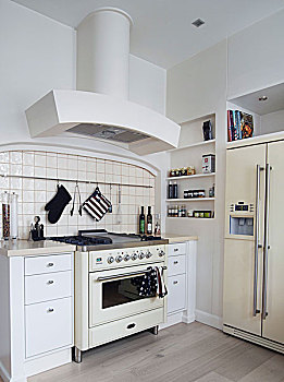 旧式,厨房,炊具,现代,白色,柜子,抽屉,仰视,油烟机,角
