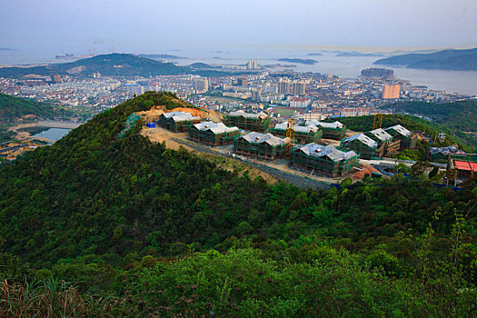 山,海,俯瞰,全景,城市