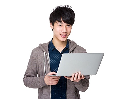 年轻,亚洲人,男人,拿着,笔记本电脑,工作