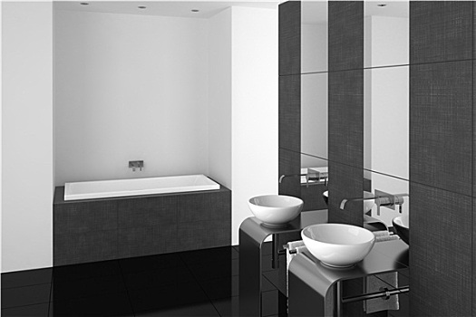 现代,浴室,一对,盆,黑色,地面