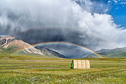 帐蓬,彩虹,上方,草地,峡谷,区域,吉尔吉斯斯坦,亚洲