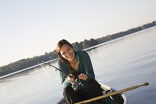 女人,钓鱼,独木舟