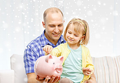 家庭,孩子,钱,投资,高兴,人,概念,父亲,女儿,大,粉色,存钱罐