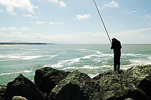 渔民,鱼竿,港口,比亚里茨,地平线