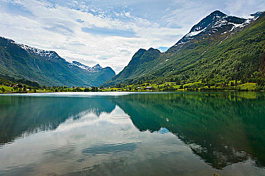 山,天空,反射,平和,水,围绕,挪威