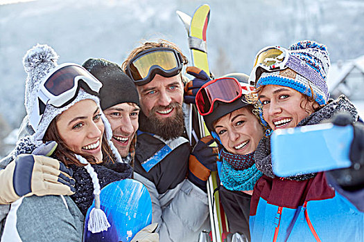 微笑,滑雪,朋友,拍照手机