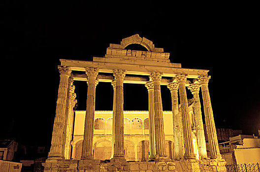 遗址,庙宇,夜晚,老,罗马,城市,梅里达,巴达霍斯省,西班牙,欧洲