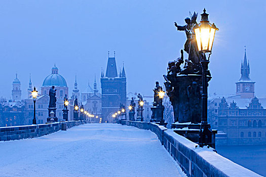捷克,共和国,布拉格,桥,冬天,早晨