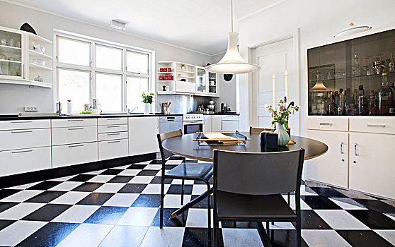 圆,桌子,黑色背景,白色,方格,地面,合适,厨房