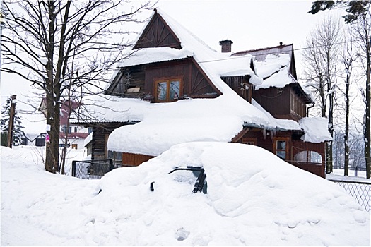 房子,汽车,雪,山村