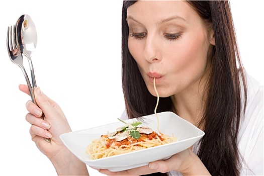 意大利食物,头像,女人,吃饭,意大利面条沙司