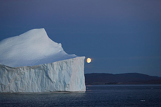 冰山,黄昏,靠近,月亮,伊路利萨特,格陵兰,北美