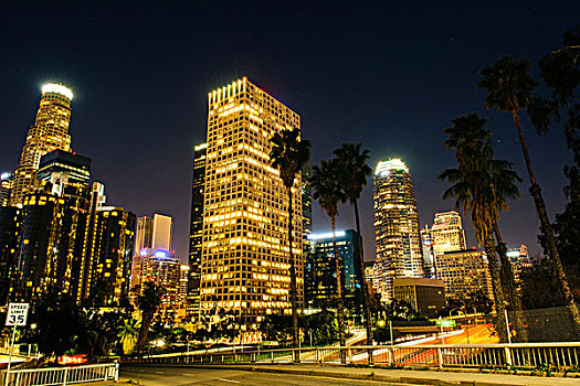 风景,公路,城市天际线,夜晚,洛杉矶,加利福尼亚,美国