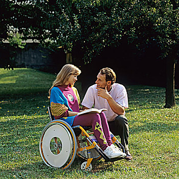 伤残,女人,轮椅,男人,花园
