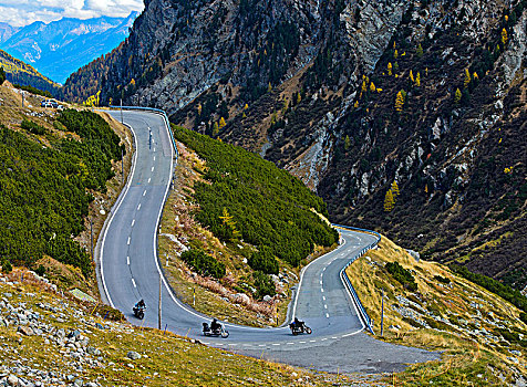 摩托车,急转弯,弯曲,山路,达沃斯,瑞士,欧洲