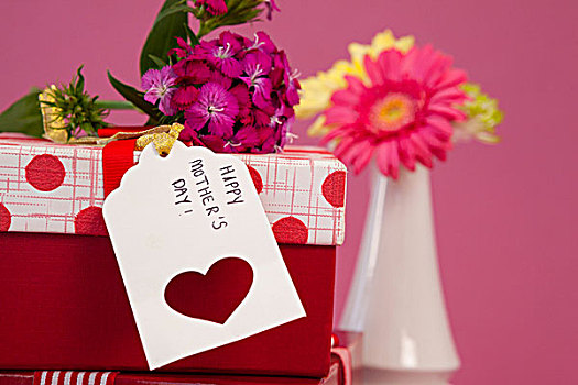 高兴,母亲节,卡,花,礼盒,粉色背景