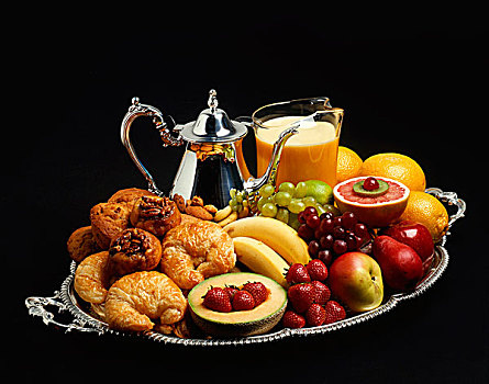 早餐托盘,糕点,新鲜,水果,橙汁,咖啡