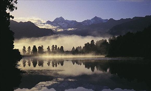 湖,早晨,薄雾,新西兰
