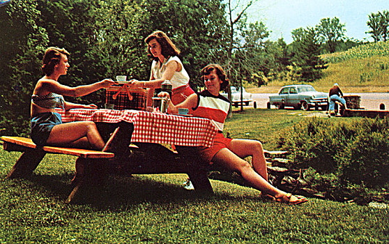 三个女人,年轻,野餐桌,享受,食物,斯诺顿,蒙特利尔,加拿大,艺术家,未知