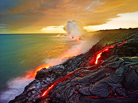 火山,火山爆发,熔岩流,红色,热,火山岩,流动,太平洋,海洋,美国,夏威夷,北美