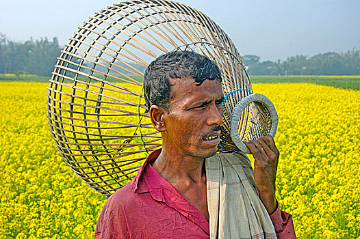 孟加拉人,农工,传统,球衣,篮子,房子,小,鸡,走,芥末,地点,孟加拉,十二月,2007年