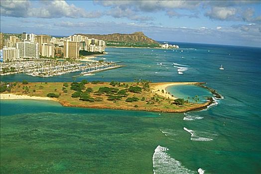 夏威夷,瓦胡岛,俯视,钻石海岬,怀基基海滩,魔幻,岛屿,蓝色,礁石