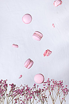 粉色草莓味马卡龙与粉色满天星干花