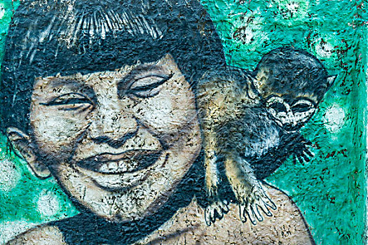 男孩,猴子,城市,涂鸦,亚马逊,巴西,南美