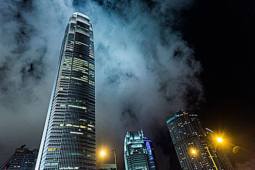 摩天大楼,夜晚,仰视,香港,中国