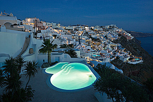 希腊,锡拉岛,黄昏,崖面,别墅,照亮,游泳池,前景