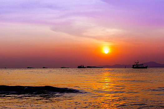 美景,日落,海滩,渔船