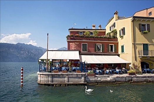 餐馆,湖,马尔切斯内,加尔达湖,威尼西亚,意大利,欧洲