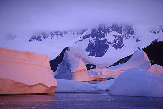 南极半岛,阿根廷,岛屿,冰山,反射,日落