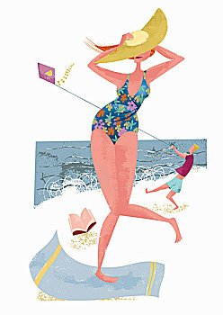 女人,海滩,拿着,帽子,风,插画