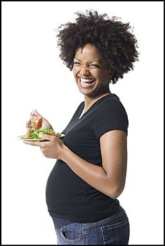 肖像,孕妇,拿着,盘子,沙拉